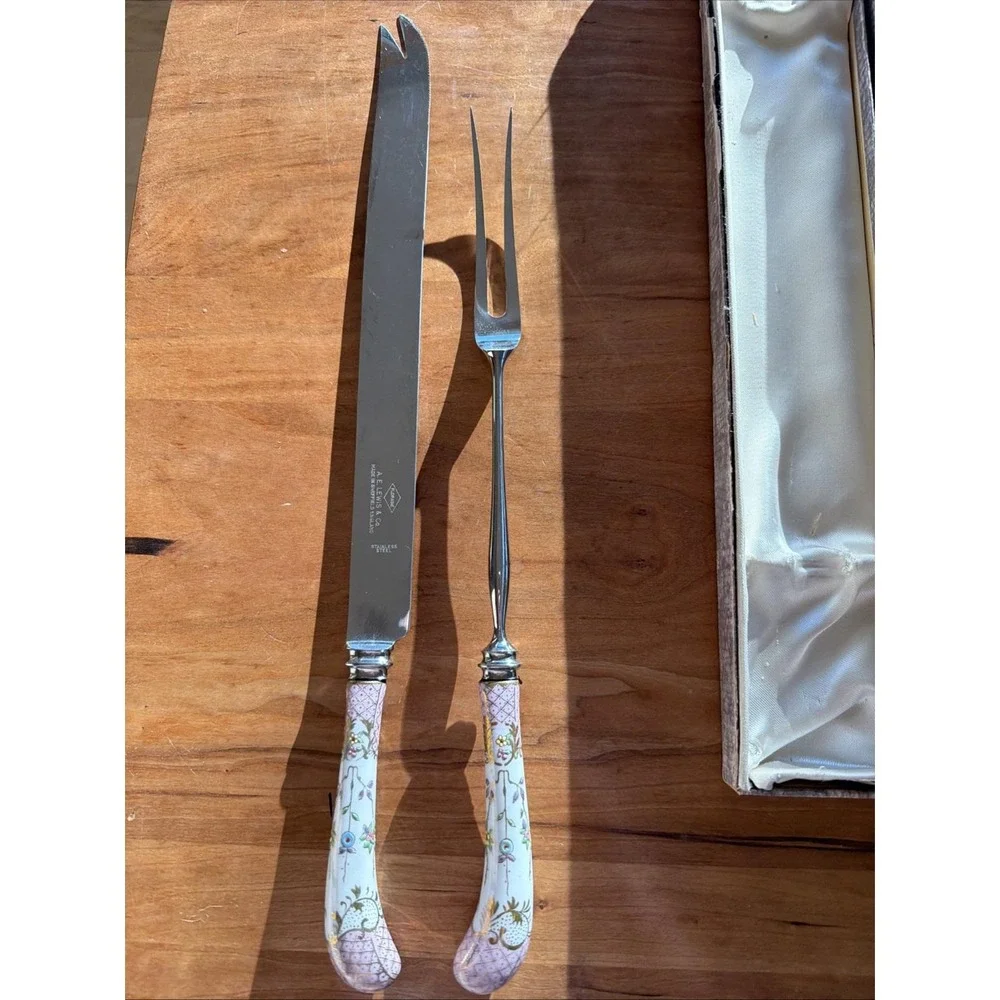 Vintage A.E. Lewis & Co. Sheffield Porcelain Handle Carving Knife Fork Set Boxed